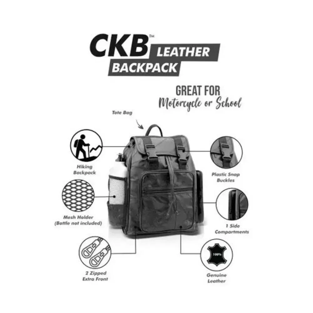 Black 100% Genuine Leather Backpack - Great For Motorcycle, School, Hiking